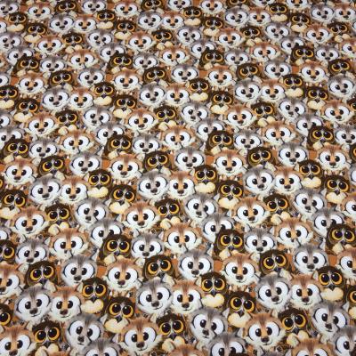 Stoff Baumwolle Sweatshirtstoff mit Eulen Füchse Waldtiere Design braun grau orange bunt Kleiderstoff Kinderstoff