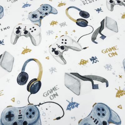 Fabric cotton French Terry summer sweatshirt fabric with gamepad virtual reality glasses headphones design white blue gray beige colorful children's fabric dress fabric