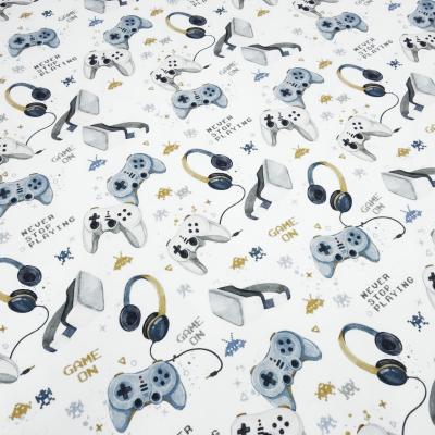Fabric cotton French Terry summer sweatshirt fabric with gamepad virtual reality glasses headphones design white blue gray beige colorful children's fabric dress fabric