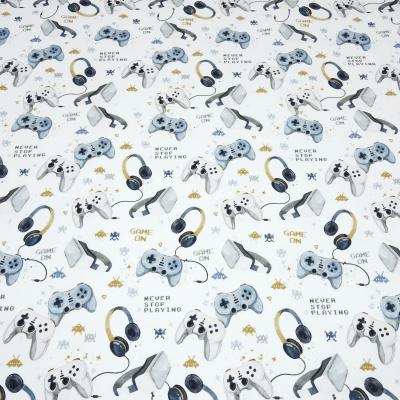 Fabric cotton French Terry summer sweatshirt fabric with gamepad virtual reality glasses headphones design white blue gray beige colorful children's fabric dress fabric