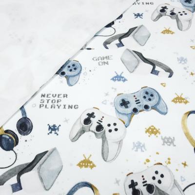 Fabric cotton French Terry summer sweatshirt fabric with gamepad virtual reality glasses headphones design white blue gray beige colorful children's fabric dress fabric
