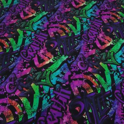 Stoff Baumwolle Jersey mit Graffiti Design multicolor violett lila grün türkis bunt Kleiderstoff Kinderstoff