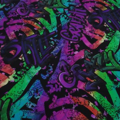 Stoff Baumwolle Jersey mit Graffiti Design multicolor violett lila grün türkis bunt Kleiderstoff Kinderstoff
