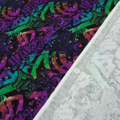 Stoff Baumwolle Jersey mit Graffiti Design multicolor violett lila grün türkis bunt Kleiderstoff Kinderstoff