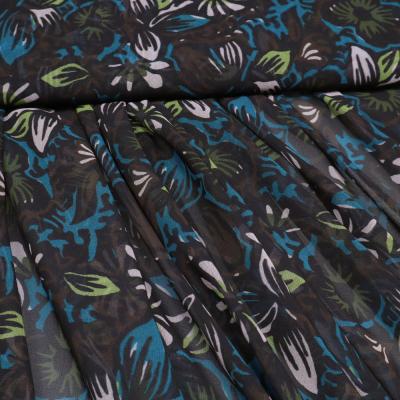 Stoff Chiffon Blusenstoff Blumenmuster Blätter Design schwarz petrol braun grün weiß Kleiderstoff
