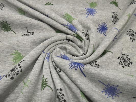 Fabric sweatshirt fabric with alpine fleece off side with dandelions design gray melange green blue black children's fabric clothing fabric hoodie fabric