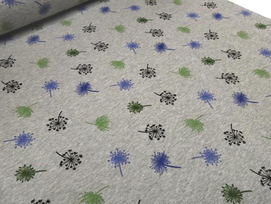 Fabric sweatshirt fabric with alpine fleece off side with dandelions design gray melange green blue black children's fabric clothing fabric hoodie fabric