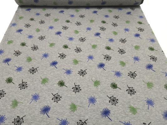 Fabric sweatshirt fabric with alpine fleece off side with dandelions design gray melange green blue black children's fabric clothing fabric hoodie fabric