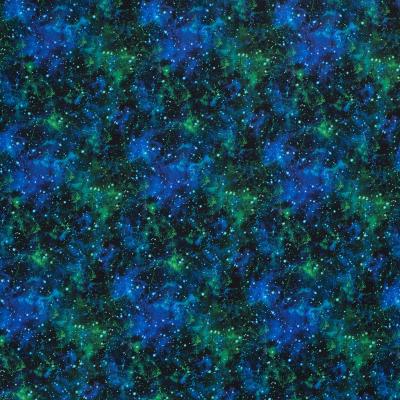 Stoff Baumwolle Sweatshirtstoff mit Galaxy Weltraum All Space Sterne Design schwarz grün blau Kinderstoff Kleiderstoff Hoodiestoff