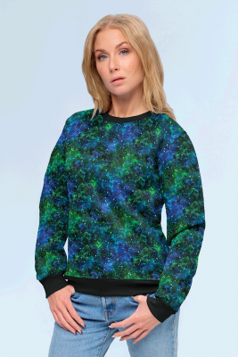 Stoff Baumwolle Sweatshirtstoff mit Galaxy Weltraum All Space Sterne Design schwarz grün blau Kinderstoff Kleiderstoff Hoodiestoff