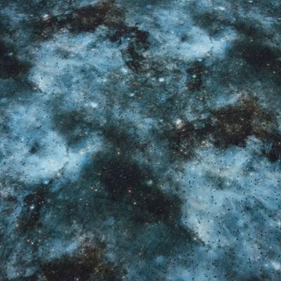 Cotton sweatshirt fabric with galaxy space all space stars design blue cyan black colorful children's fabric clothing fabric hoodie fabric