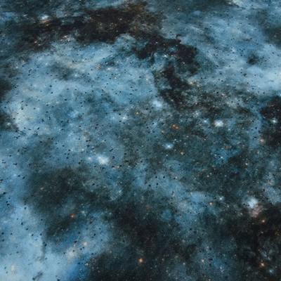 Cotton sweatshirt fabric with galaxy space all space stars design blue cyan black colorful children's fabric clothing fabric hoodie fabric