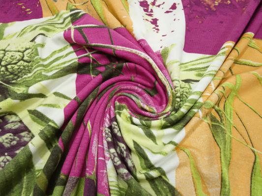 Stoff Viskose Jersey mit abstrakten Blumen Pflanzen Design grün orange fuchsia lila bunt Kleiderstoff