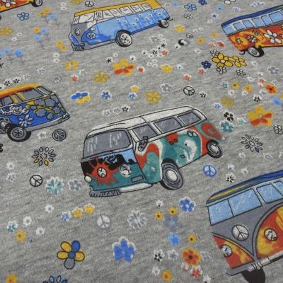 Stoff Sweatshirtstoff Alpenfleece Abseite Hippie Bulli Auto Van Design grau melange bunt Kinderstoff Kleiderstoff Hoodiestoff