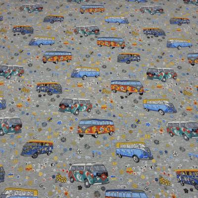 Stoff Sweatshirtstoff Alpenfleece Abseite Hippie Bulli Auto Van Design grau melange bunt Kinderstoff Kleiderstoff Hoodiestoff