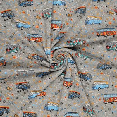 Stoff Sweatshirtstoff Alpenfleece Abseite Hippie Bulli Auto Van Design grau melange bunt Kinderstoff Kleiderstoff Hoodiestoff