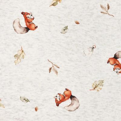 Stoff Sweatshirtstoff Alpenfleece Abseite Eichhörnchen Blätter wollweiß melange braun beige oliv bunt Kinderstoff Kleiderstoff Hoodiestoff