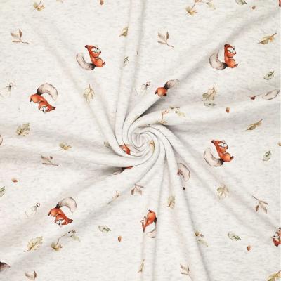 Stoff Sweatshirtstoff Alpenfleece Abseite Eichhörnchen Blätter wollweiß melange braun beige oliv bunt Kinderstoff Kleiderstoff Hoodiestoff
