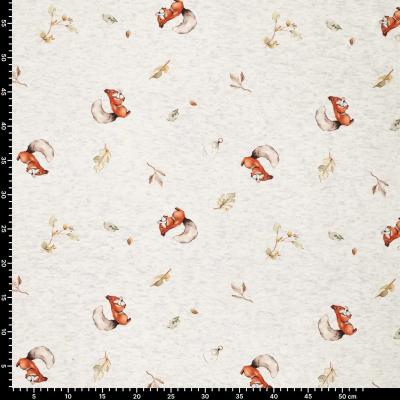 Stoff Sweatshirtstoff Alpenfleece Abseite Eichhörnchen Blätter wollweiß melange braun beige oliv bunt Kinderstoff Kleiderstoff Hoodiestoff