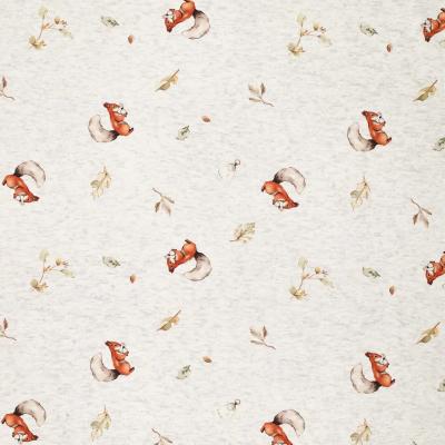 Stoff Sweatshirtstoff Alpenfleece Abseite Eichhörnchen Blätter wollweiß melange braun beige oliv bunt Kinderstoff Kleiderstoff Hoodiestoff