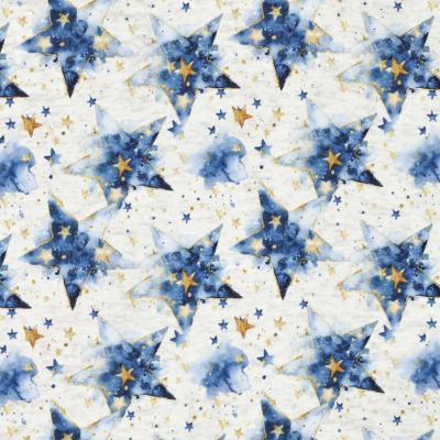Stoff Sweatshirtstoff Alpenfleece Abseite mit Batik Sterne Design ecrú melange blau goldgelb bunt Kinderstoff Kleiderstoff Hoodiestoff