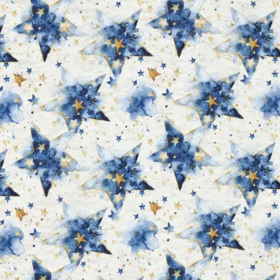 Stoff Sweatshirtstoff Alpenfleece Abseite mit Batik Sterne Design ecrú melange blau goldgelb bunt Kinderstoff Kleiderstoff Hoodiestoff