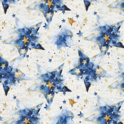 Stoff Sweatshirtstoff Alpenfleece Abseite mit Batik Sterne Design ecrú melange blau goldgelb bunt Kinderstoff Kleiderstoff Hoodiestoff