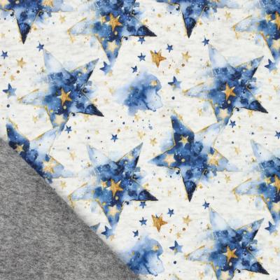 Stoff Sweatshirtstoff Alpenfleece Abseite mit Batik Sterne Design ecrú melange blau goldgelb bunt Kinderstoff Kleiderstoff Hoodiestoff