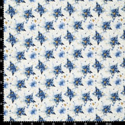 Stoff Sweatshirtstoff Alpenfleece Abseite mit Batik Sterne Design ecrú melange blau goldgelb bunt Kinderstoff Kleiderstoff Hoodiestoff
