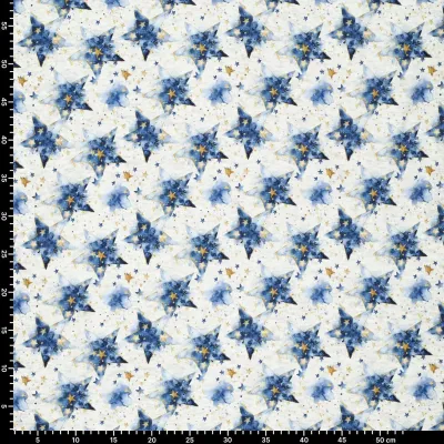 Stoff Sweatshirtstoff Alpenfleece Abseite mit Batik Sterne Design ecrú melange blau goldgelb bunt Kinderstoff Kleiderstoff Hoodiestoff