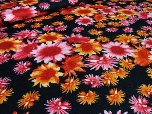 Fabric viscose jersey with flowers blossoms design black orange red dress fabric children's fabric