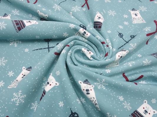 Stoff Baumwolle Sweatshirtstoff French Terry Eisbären Schneeflocken Ski Design eisblau weiß grau rot Kinderstoff Kleiderstoff