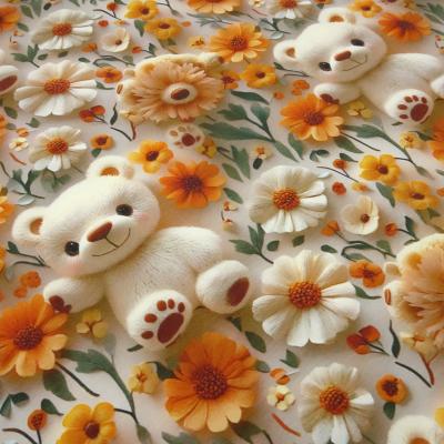 Stoff Baumwolle Jersey Teddy Bär Blumenmuster Design cremeweiß orange grün beige bunt Kinderstoff Kleiderstoff