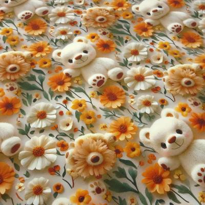 Stoff Baumwolle Jersey Teddy Bär Blumenmuster Design cremeweiß orange grün beige bunt Kinderstoff Kleiderstoff