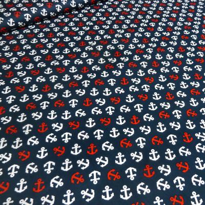 Cotton poplin fabric with maritime anchor design in navy blue white and red dress fabric blouse fabric decorative fabric
