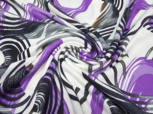 Fabric jersey fine knit with geometric graphic pattern design white purple black gray brown dress fabric