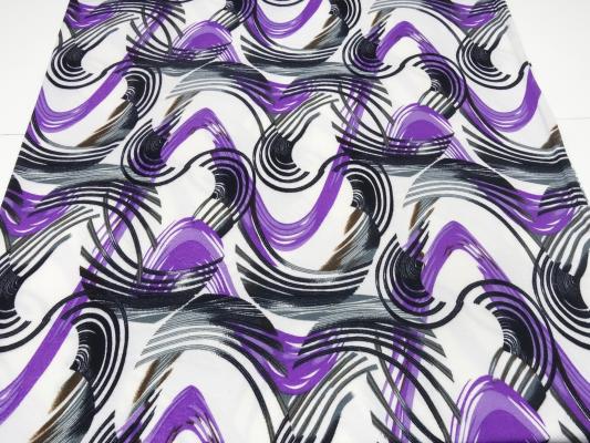 Fabric jersey fine knit with geometric graphic pattern design white purple black gray brown dress fabric