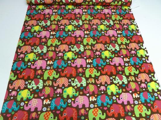 Stoff Baumwolle Jersey Elefanten Blumen Herzen braun bunt Kinderstoff Kleiderstoff