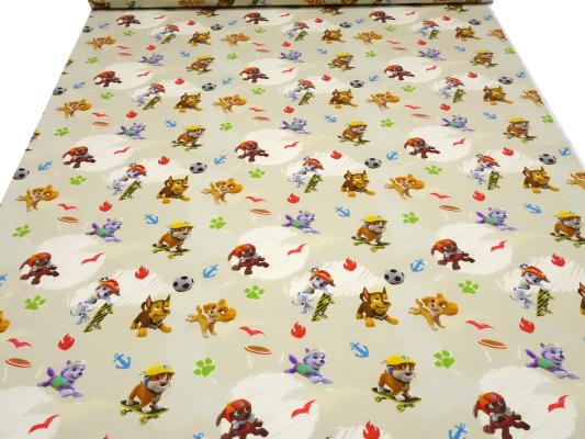 Stoff Baumwolle Jersey mit Lizenzdruck Paw Patrol beige-braun bunt Kinderstoff Kleiderstoff Lizenzstoff