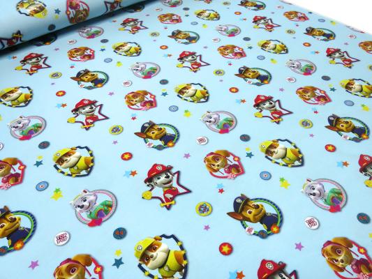 Fabric cotton jersey with license print Paw Patrol light blue colorful children's fabric dress fabric