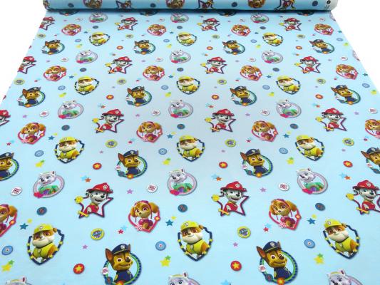 Fabric cotton jersey with license print Paw Patrol light blue colorful children's fabric dress fabric
