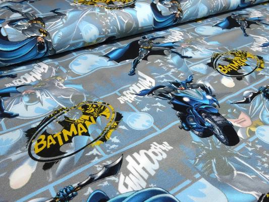 Stoff Baumwolle Jersey Batman Superhelden DC Comics Design grau blau gelb Kinderstoff Kleiderstoff Lizenzstoff