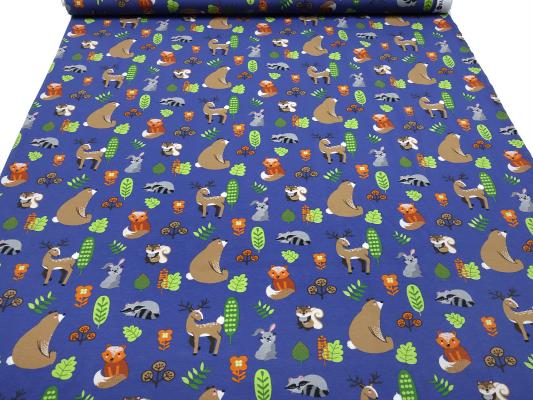 Cotton jersey deer foxes bears rabbits design blue colorful children's fabric dress fabric