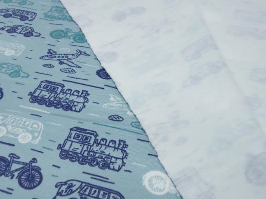 Stoff Baumwolle French Terry Sweatshirtstoff Autos Flugzeuge Eisenbahn Fahrrad Design türkis blau weiß grün Kleiderstoff Kinderstoff