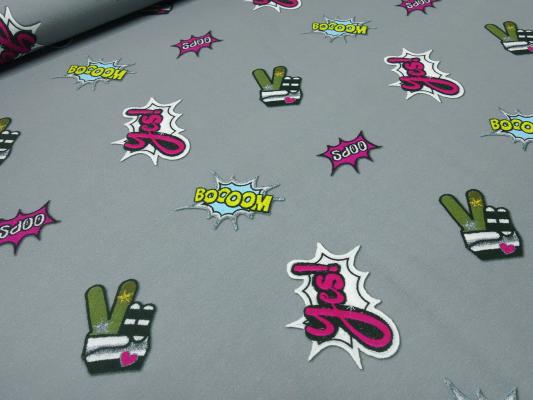 Stoff Jersey Sticker Emojis Ornamente "boom" Design grau schwarz weiß gelb Kleiderstoff