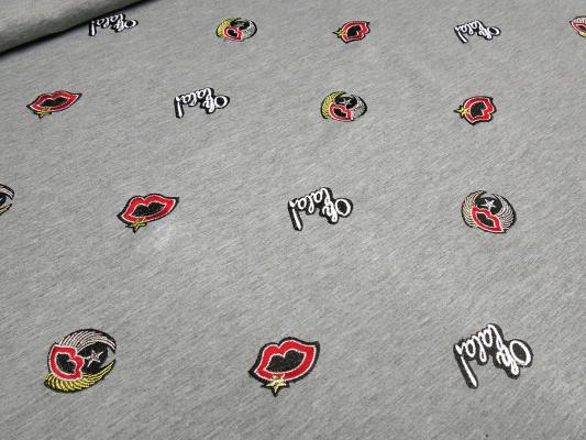 Fabric sweatshirt fabric French Terry embroidered ornaments emojis Lips oh lala design gray colorful dress fabric children's fabric