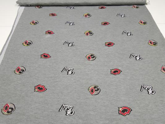 Fabric sweatshirt fabric French Terry embroidered ornaments emojis Lips oh lala design gray colorful dress fabric children's fabric