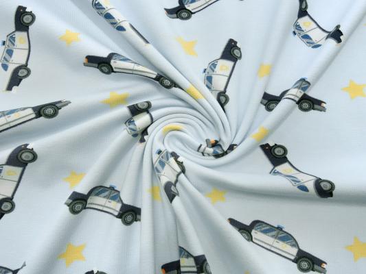 Fabric cotton jersey police cars stars light blue yellow white gray black blue children's fabric dress fabric Little Darling