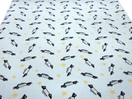 Fabric cotton jersey police cars stars light blue yellow white gray black blue children's fabric dress fabric Little Darling