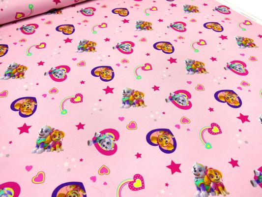 Stoff Baumwolle Jersey mit Lizenzdruck Paw Patrol Herzen rosa bunt Kinderstoff Kleiderstoff